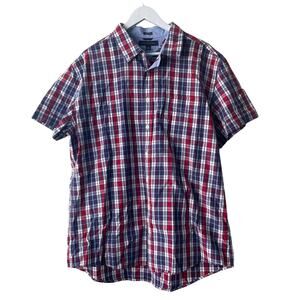 Tommy Hilfiger Blue Red & White Cotton Plaid Notch Collar S/S Shirt - Size XXL